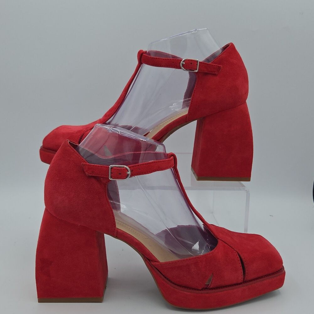 Gianni Bini Red Suede Retro T-Bar Platform Pumps Cutout Block Heel Womens 9.5
